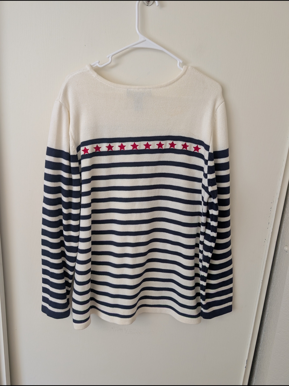 Vintage Womens Large 100% Cotton Stars & Stripes Sweater Cream Cottage Classic - Picture 5 of 6